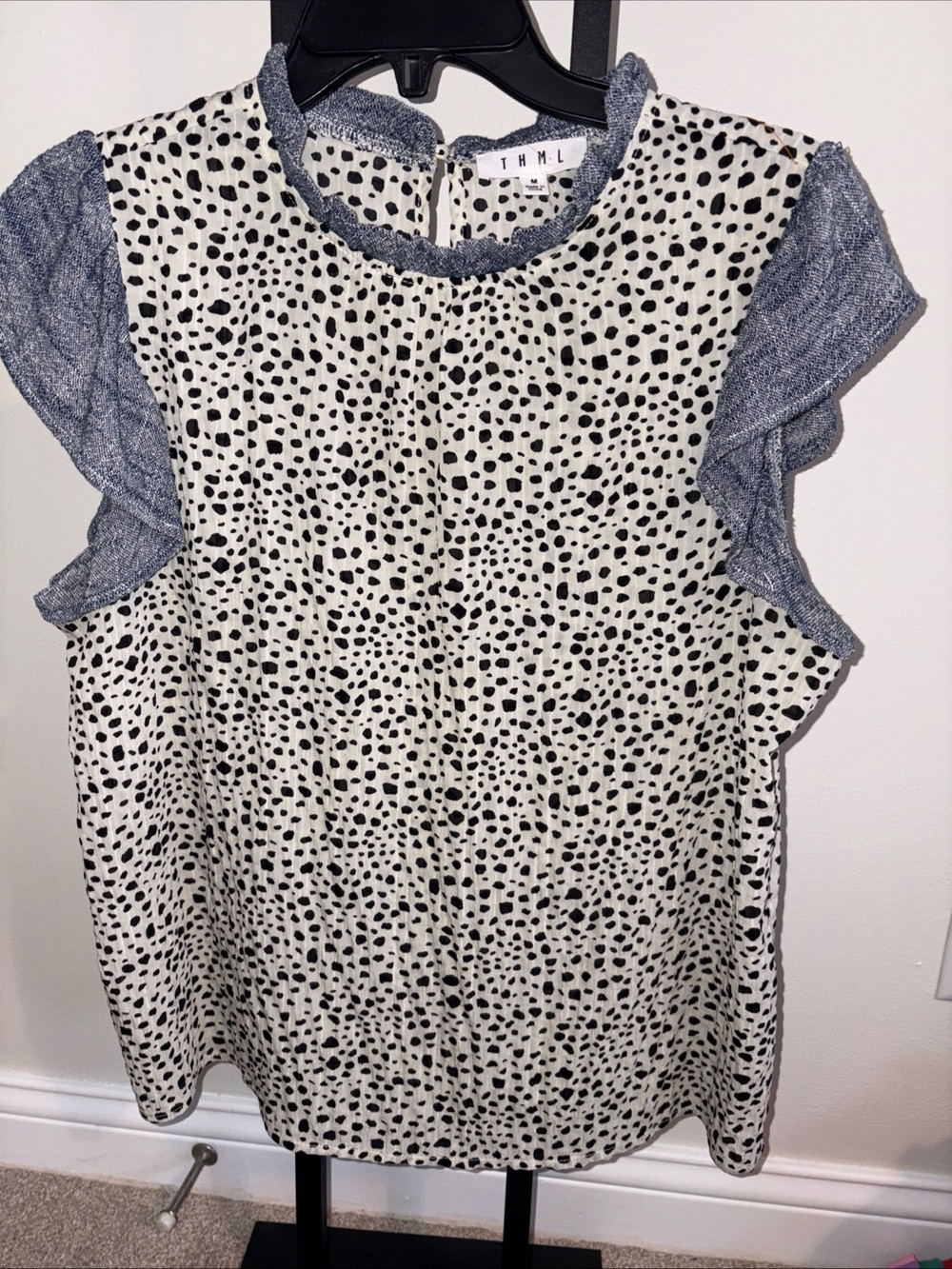 THML White Blouse with Black Dalmatian Dot and Blue Ruffle Trim